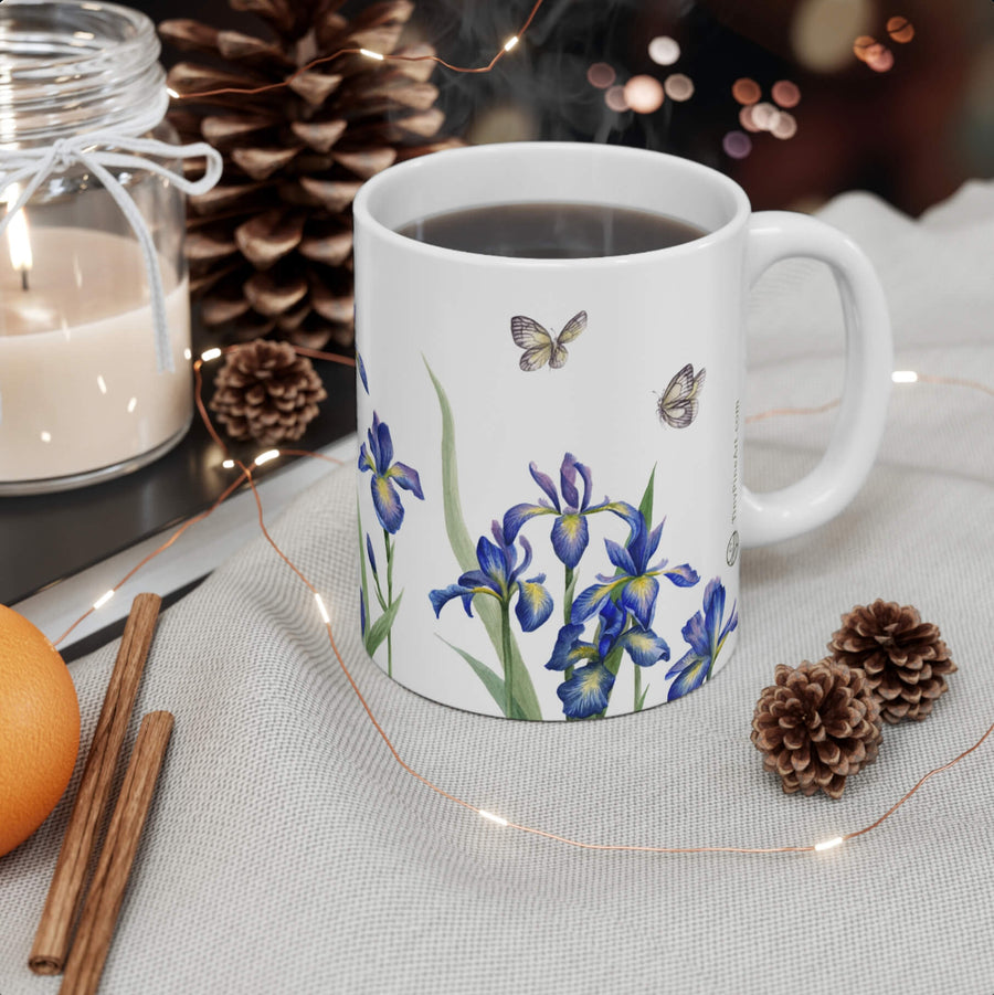 Blue Iris & Butterflies Ceramic Mug